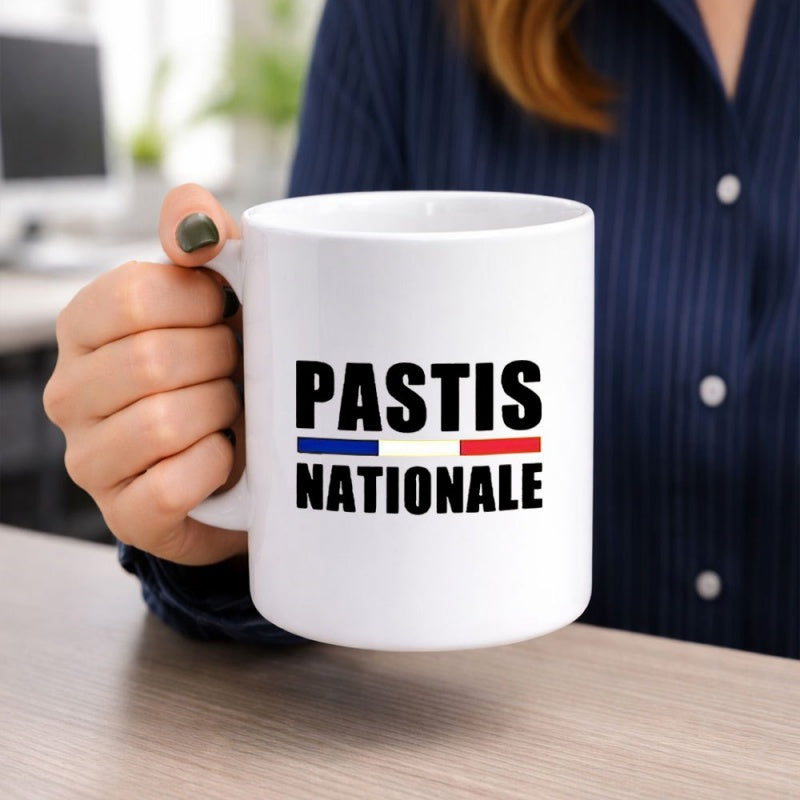 Tailorly White Ceramic 11 oz Mug - Pastis Nationale Simple Clean Minimalist French Tricolor Stripes With Strong Typography Mug