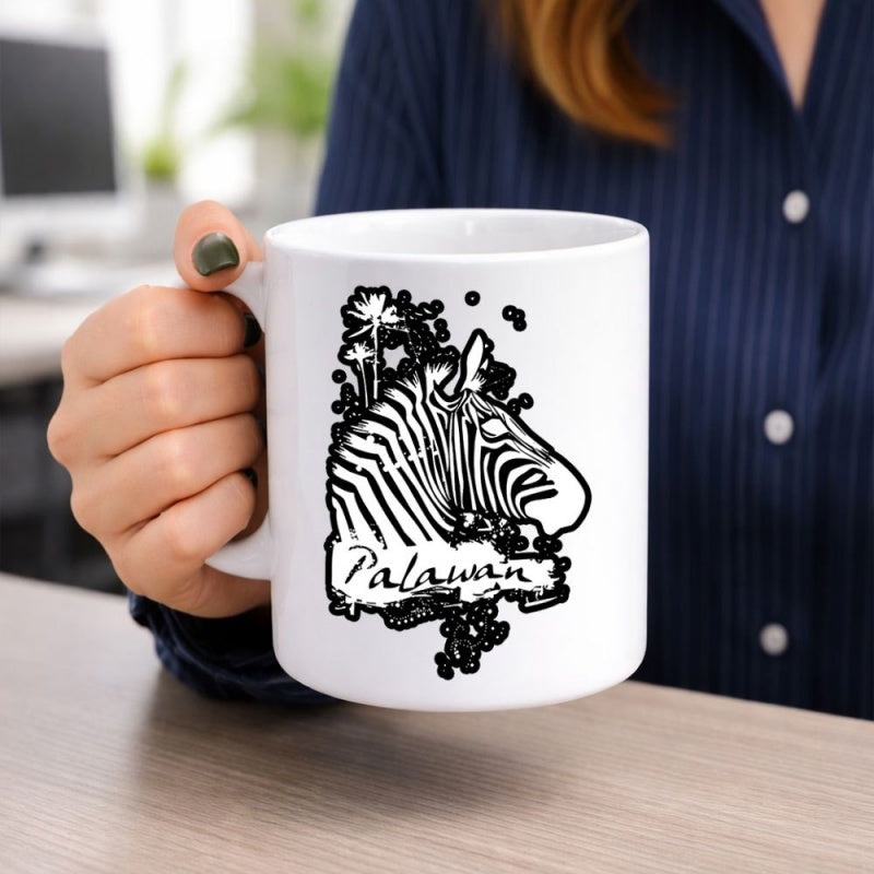 Tailorly White Ceramic 11 oz Mug - Palawan Artistic Black And White Lines Featuring Tropical Flowers And Foliage Zebra