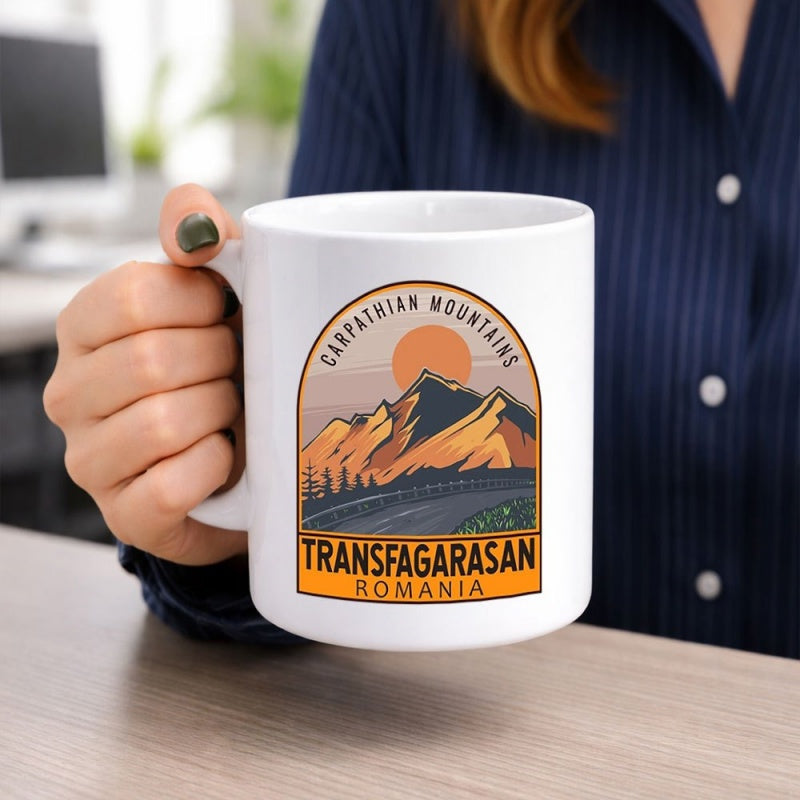 Tailorly White Ceramic 11 oz Mug - Carpathian Mountains Transfagarasan Romania Majestic Peaks With Setting Sun Over Winding Forest Road Mountain