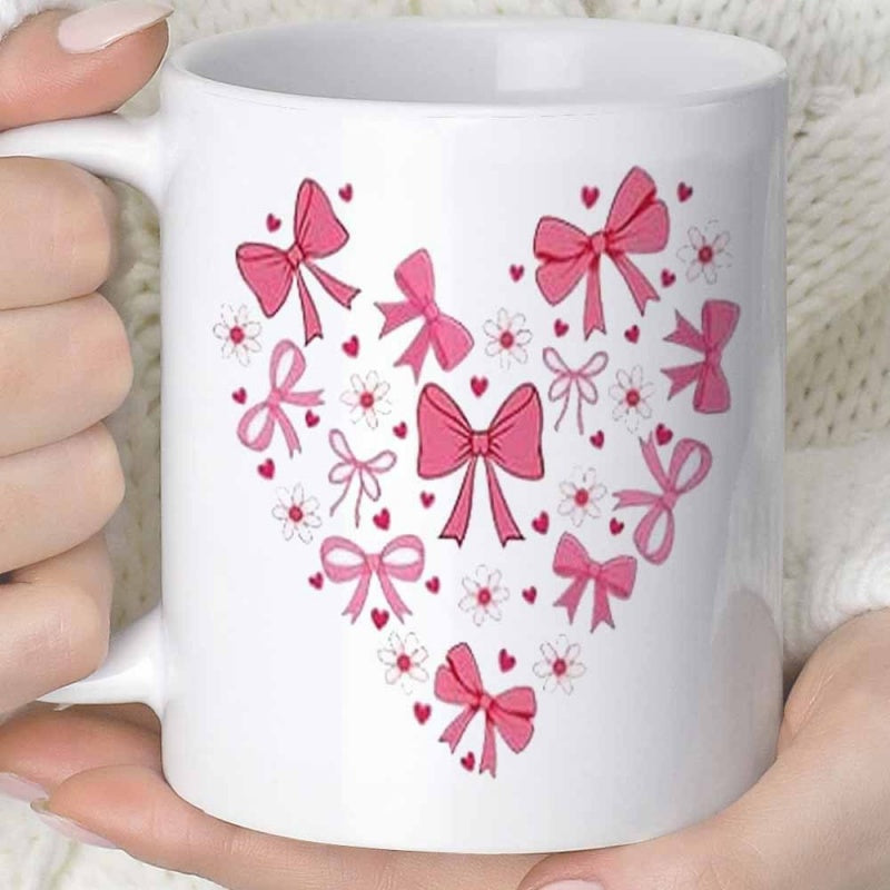 Tailorly White Ceramic 11 oz Mug - Graceful Pink Bows And Floral Accents Arranged In A Lovely Symmetric Heart