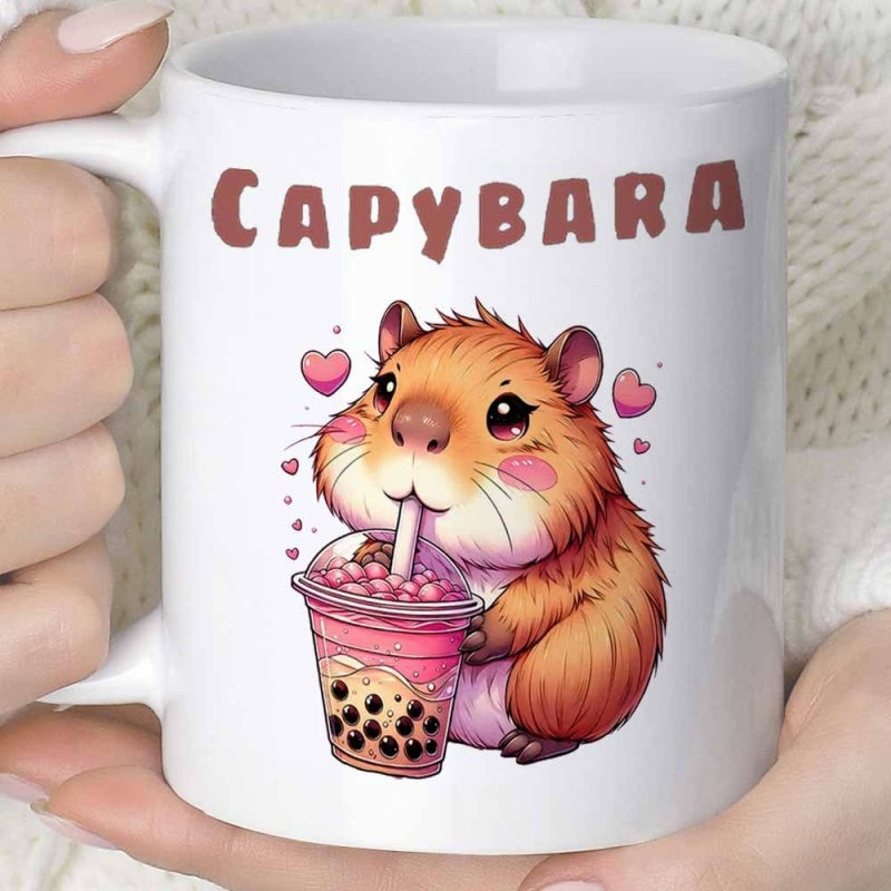 Tailorly White Ceramic 11 oz Mug - Capybara Adorable Cartoon Animal Sipping Pink Bubble Tea With Sweet Hearts Floating Capybara