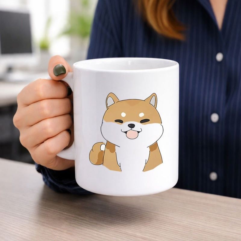 Tailorly White Ceramic 11 oz Mug - Adorable Smiling Cartoon Dog With White Fur And Brown Patches Shiba Inu