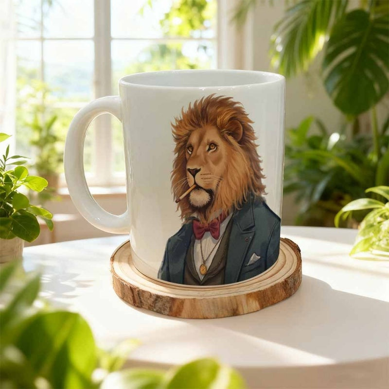 Tailorly White Ceramic 11 oz Mug - Dapper Anthropomorphic Lion In Elegant Formal Suit Smoking A Sophisticated Cigar Lion