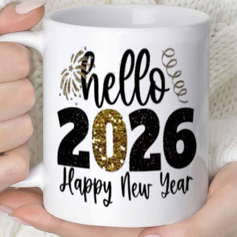 Tailorly White Ceramic 11 oz Mug - Hello 2026 Happy New Year Shimmering Gold And Black Festive Elements With Stylized Typography Celebrating Fireworks