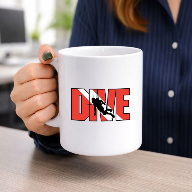 Tailorly White Ceramic 11 oz Mug - Dive Red And White Scuba Flag Pattern Featuring A Dark Silhouette Diver