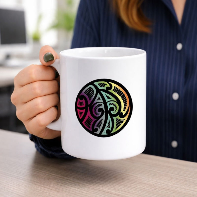 Tailorly White Ceramic 11 oz Mug - Vibrant Gradient Tribal Design With Intricate Geometric Symmetrical Patterns Emblem