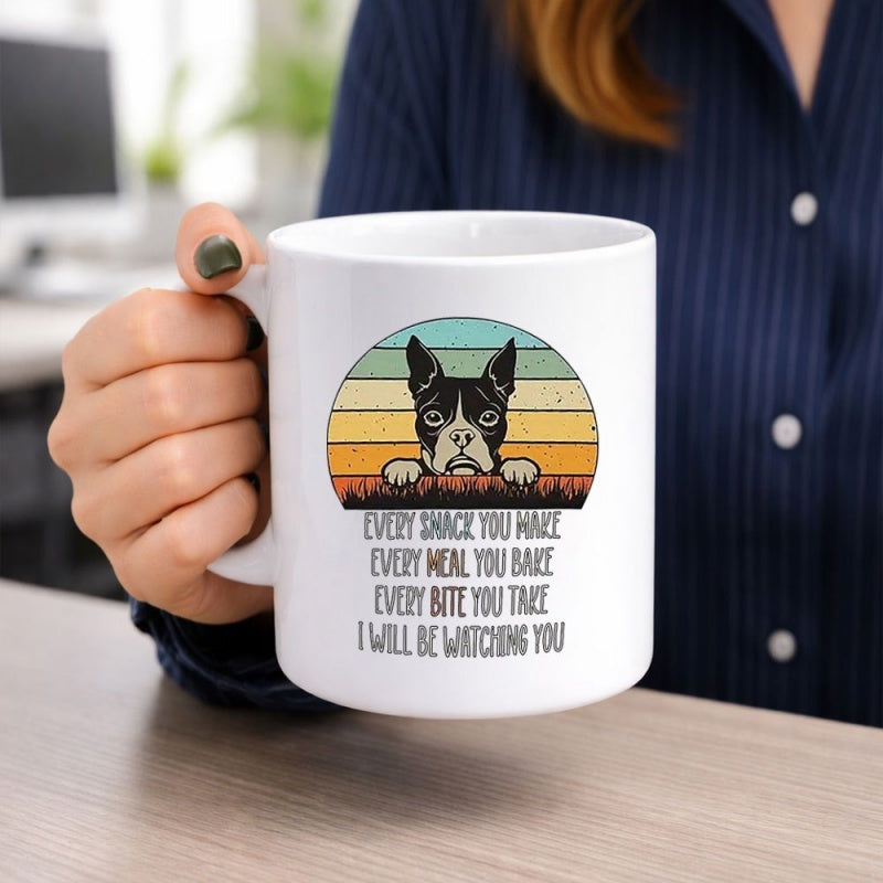 Tailorly White Ceramic 11 oz Mug - Every Snack You Make Every Meal You Bake Every Bite You Take I Will Be Watching You Retro Sunset Background With A Curious Dog