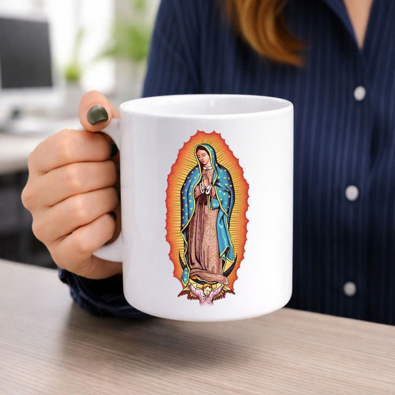 Tailorly White Ceramic 11 oz Mug - Majestic Religious Icon Radiant Halo Glowing Around Blessed Praying Virgin Mary