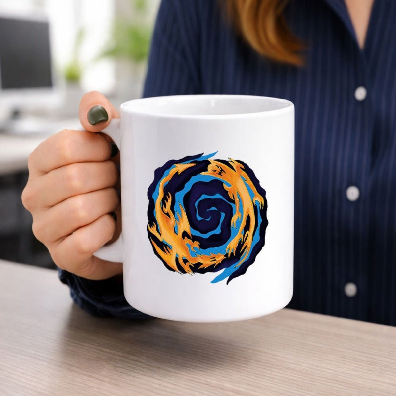 Tailorly White Ceramic 11 oz Mug - Circular Abstract Vortex With Flowing Blue And Golden Orange Tones Swirl