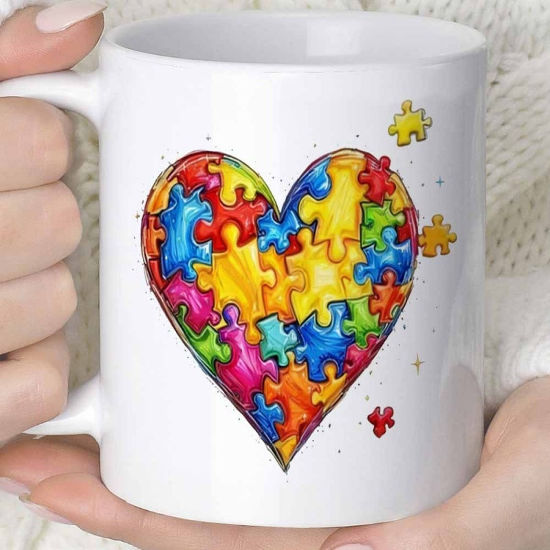 Tailorly White Ceramic 11 oz Mug - Colorful Interlocking Jigsaw Puzzle Pieces Forming A Vibrant Symbolic And Artistic Heart