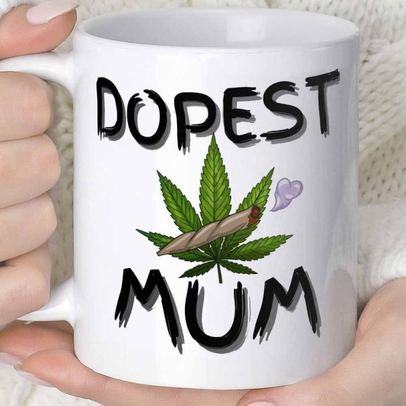 Tailorly White Ceramic 11 oz Mug - Dopest Mum Vibrant Green Cannabis Leaf With Small Smoking Joint And Heart Smoke Leaf