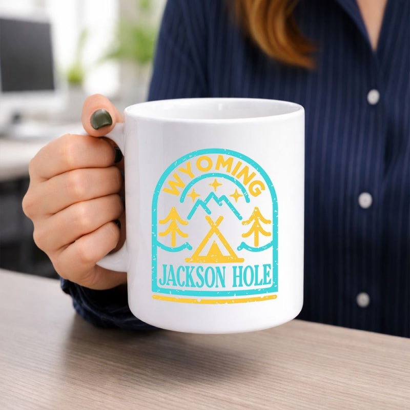 Tailorly White Ceramic 11 oz Mug - Wyoming Jackson Hole Retro Outdoor Badge With Pine Trees And Camping Tent Mountain