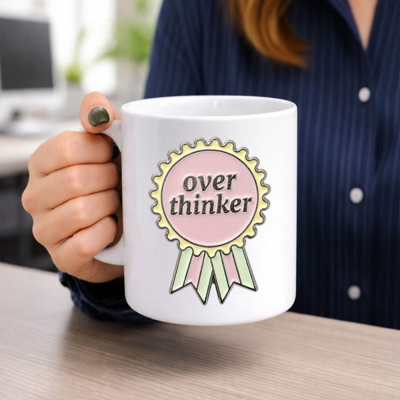 Tailorly White Ceramic 11 oz Mug - Over Thinker Pink Award Badge With Yellow Scalloped Edge And Ribbons Mug
