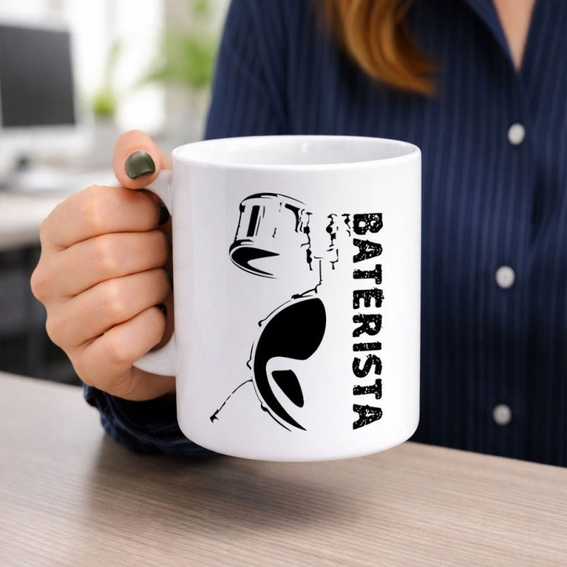 Tailorly White Ceramic 11 oz Mug - Baterista Minimalist Silhouette Graphic Representing A Powerful Classic Percussion Musical Instrument Drumset