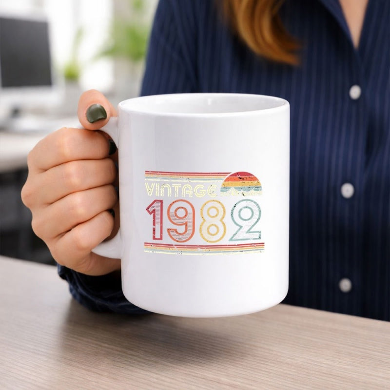 Tailorly White Ceramic 11 oz Mug - Vintage 1982 Retro Sunset With Flying Birds Among Distressed Colorful Stripes Mug