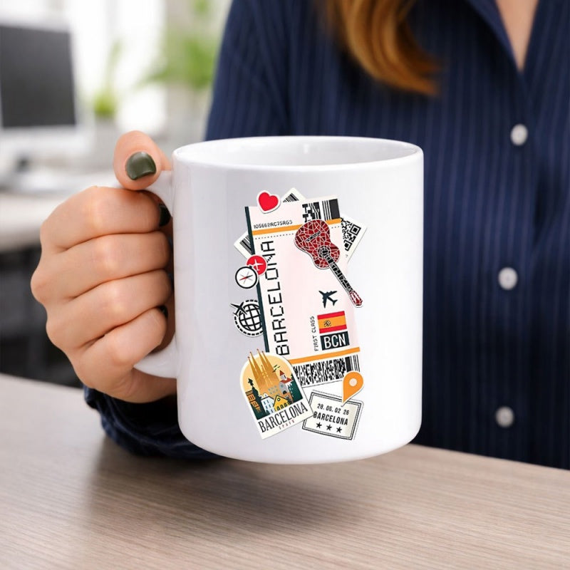 Tailorly White Ceramic 11 oz Mug - Barcelona Spain Artistic Boarding Pass Design Featuring A Guitar And Iconic Landmarks Collage