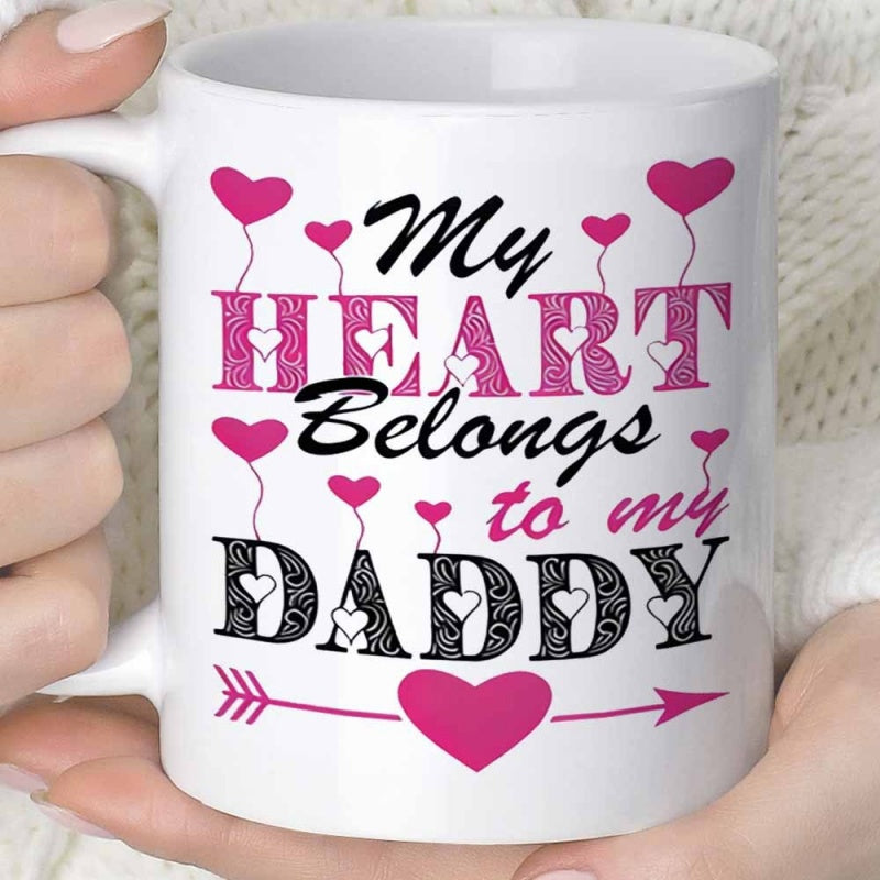 Tailorly White Ceramic 11 oz Mug - My Heart Belongs To My Daddy Pink Heart Patterns And Romantic Arrow Design Featuring Sentimental Quotes Mug
