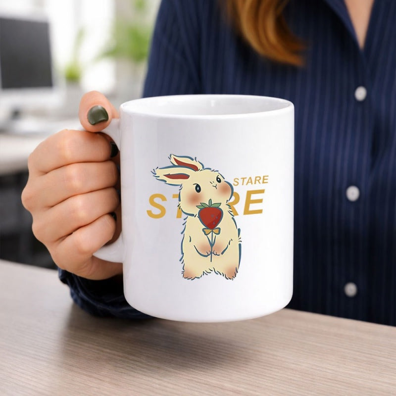 Tailorly White Ceramic 11 oz Mug - Stare Cute Beige Bunny Holding A Fresh Red Strawberry In Paws Rabbit