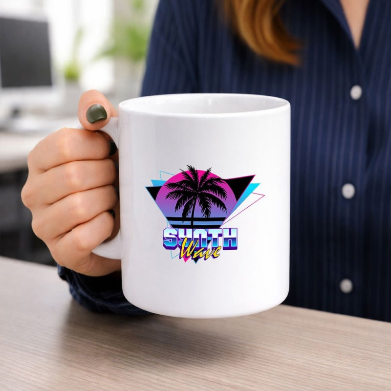 Tailorly White Ceramic 11 oz Mug - Synth Wave Retro Summer Sunset Within Pink Geometric Triangle Silhouette Palm Tree