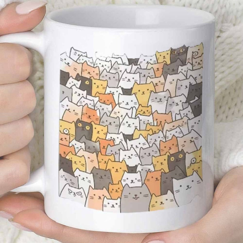 Tailorly White Ceramic 11 oz Mug - Hand Drawn Colorful Feline Faces In A Crowded Repeating Pattern Layout Cats