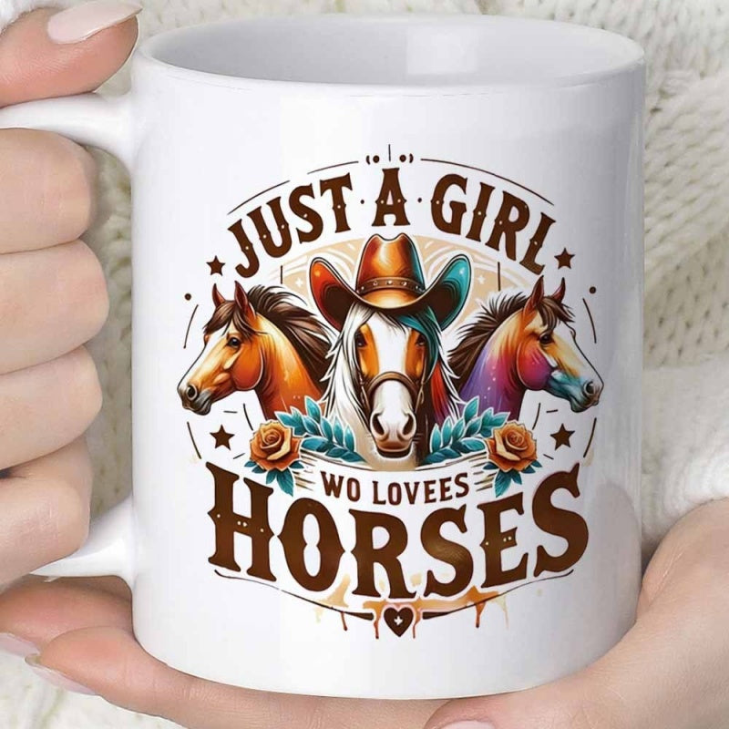Tailorly White Ceramic 11 oz Mug - Just A Girl Horses Three Majestic Heads Wearing Cowboy Hat Among Blossoming Roses And Stars Horse