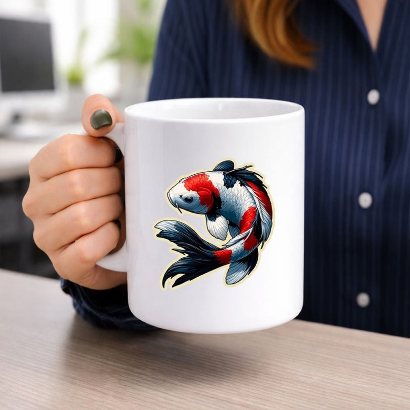 Tailorly White Ceramic 11 oz Mug - Traditional Japanese Artistic Red And Black Swimming Circular Motion Elegant Koi Fish