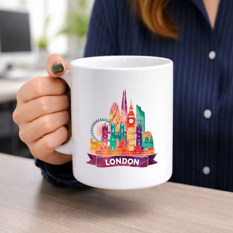 Tailorly White Ceramic 11 oz Mug - London Colorful Watercolor Artistic Illustration Of Iconic British Landmarks Skyline
