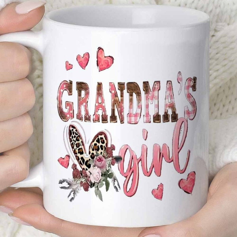 Tailorly White Ceramic 11 oz Mug - Grandmas Girl Adorable Leopard Print Pattern With Pink Floral Accents And Hearts Bunny