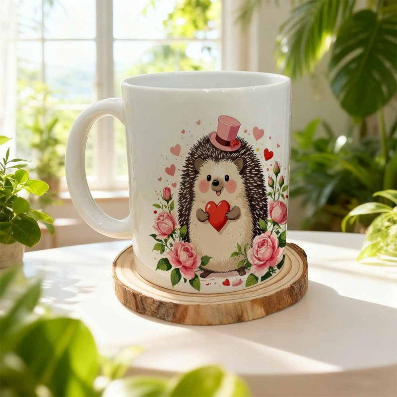 Tailorly White Ceramic 11 oz Mug - Adorable Little Hedgehog Wearing Pink Hat Holding Heart Among Blooming Roses Hedgehog