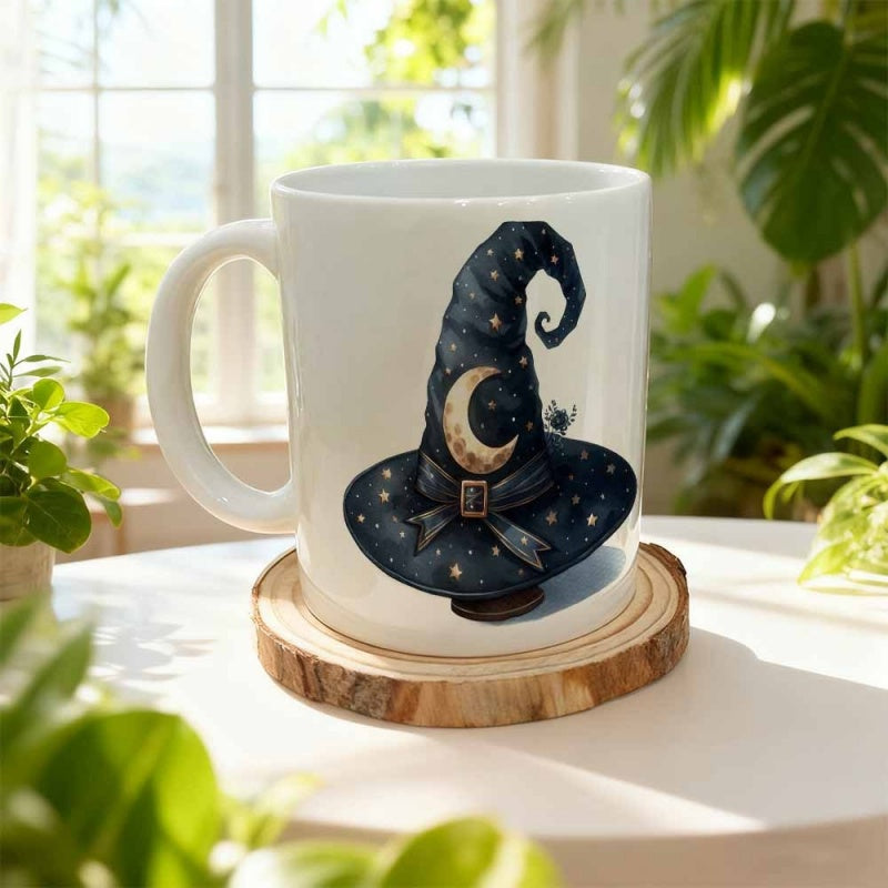 Tailorly White Ceramic 11 oz Mug - Mystical Dark Pointed Hat Featuring Golden Moon And Scattered Sparkling Stars Wizard Hat