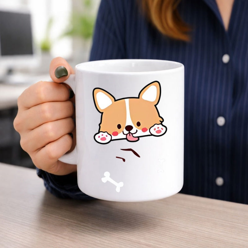 Tailorly White Ceramic 11 oz Mug - Cute Cartoon Peeking Puppy Among Small Bone Elements Playful Corgi