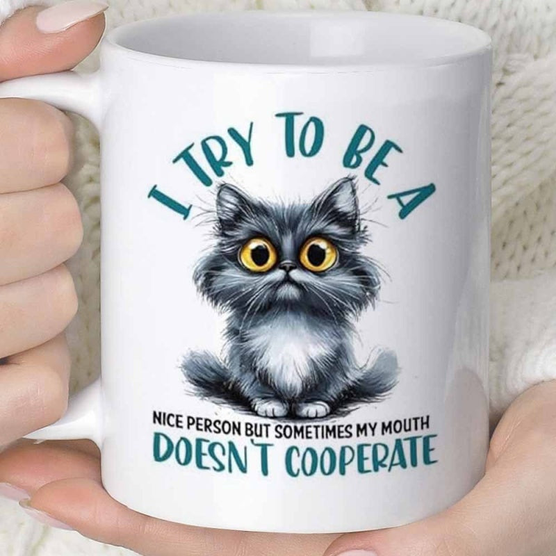 Tailorly White Ceramic 11 oz Mug - I Try To Be A Nice Person But Sometimes My Mouth Doesn't Cooperate Fluffy Grey Kitten With Big Yellow Eyes Sitting On White