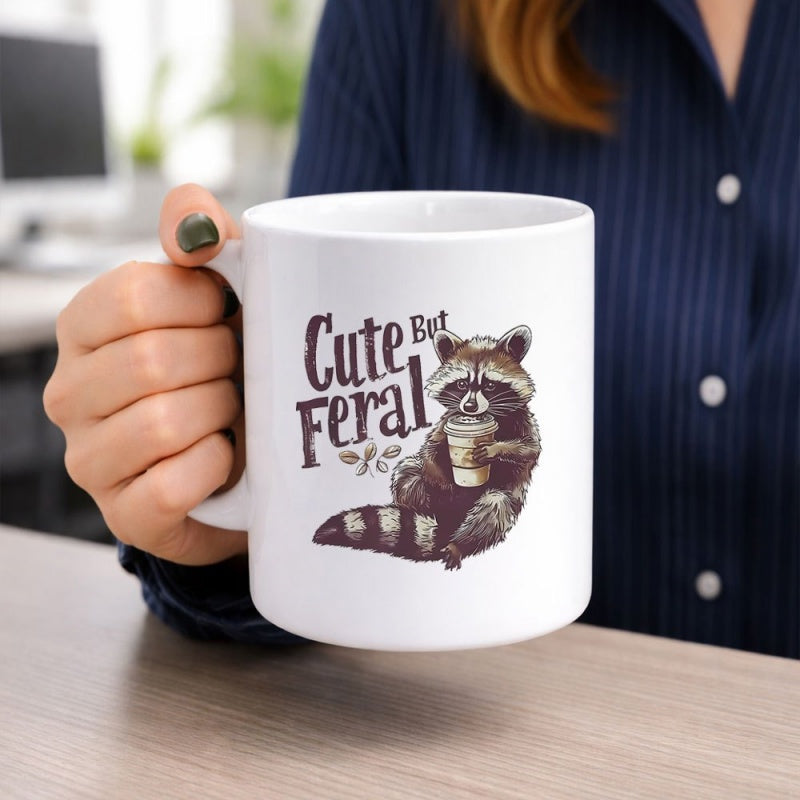 Tailorly White Ceramic 11 oz Mug - Cute But Feral Vintage Style Illustration Of A Furry Creature Holding Coffee Raccoon