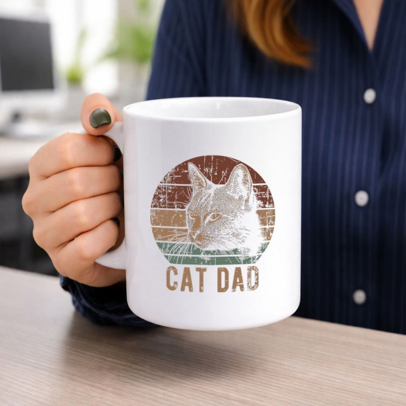 Tailorly White Ceramic 11 oz Mug - Cat Dad Vintage Retro Sunset Background With Detailed Feline Face Cat