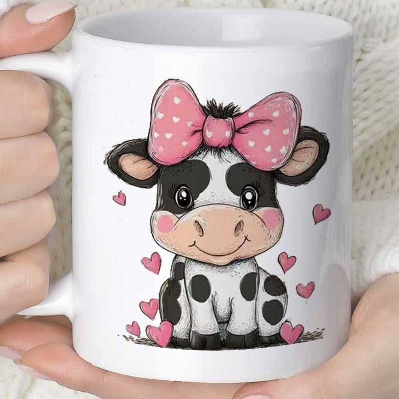 Tailorly White Ceramic 11 oz Mug - Sweet Baby Calf Wearing Large Pink Dotted Bow With Hearts Cow