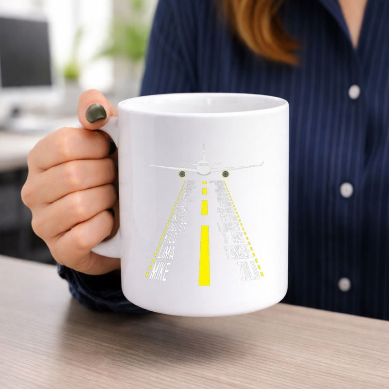Tailorly White Ceramic 11 oz Mug - Alpha Bravo Charlie Delta Echo Foxtrot Golf Hotel India Juliet Kilo Lima Mike Perspective Runway Leading Toward A High Flying