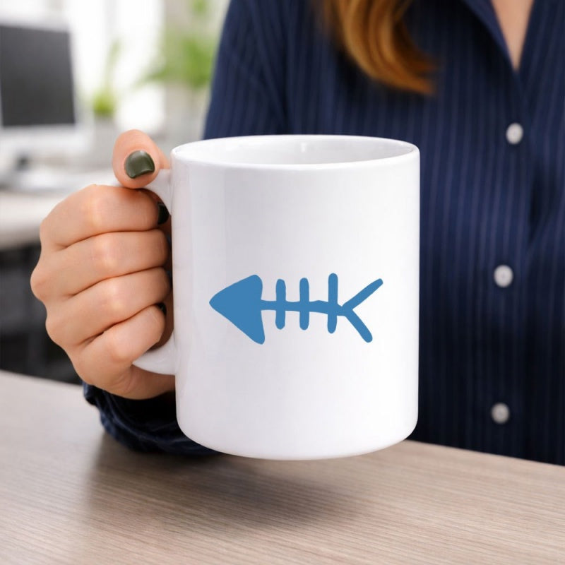 Tailorly White Ceramic 11 oz Mug - Minimalist Blue Hand Drawn Style Fish Skeleton Floating On White Background Fishbone