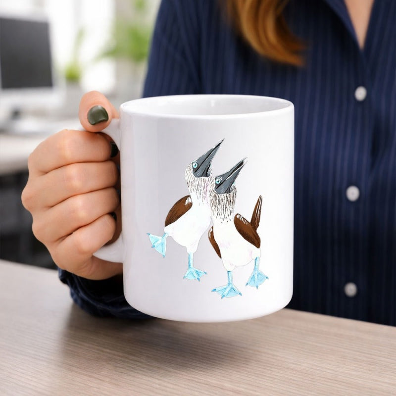 Tailorly White Ceramic 11 oz Mug - Elegant Coastal Birds With Distinctive Bright Blue Feet Dancing In Harmony Blue Footed Booby