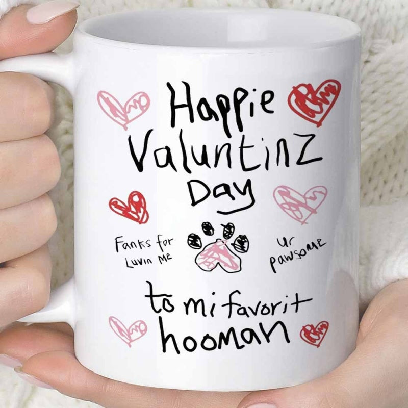 Tailorly White Ceramic 11 oz Mug - Happie Valuntinz Day Fanks For Luvin Me Ur Pawsome To Mi Favorit Hooman Hand Drawn Red Hearts Surrounding A Cute Heart Shaped