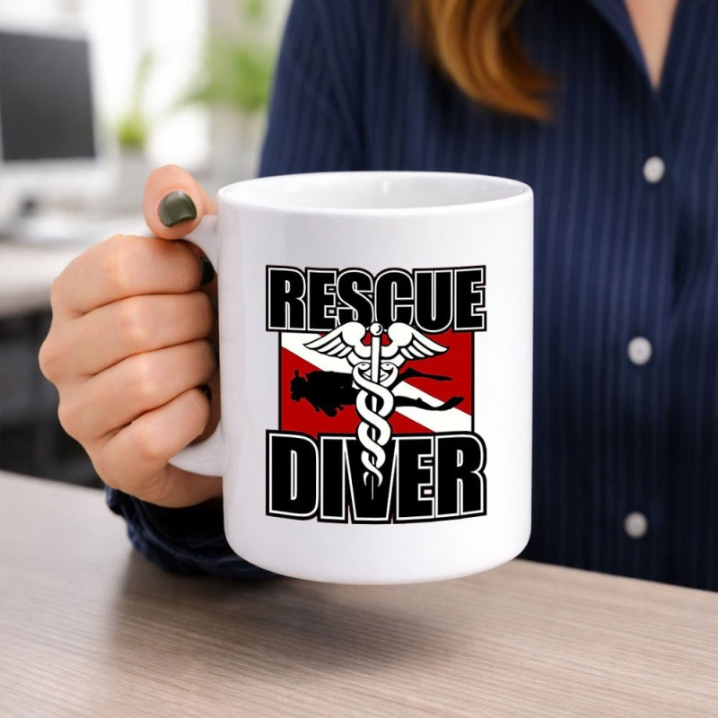 Tailorly White Ceramic 11 oz Mug - Rescue Diver Scuba Diving Silhouette With Medical Symbol Over Red Diver Flag Mug