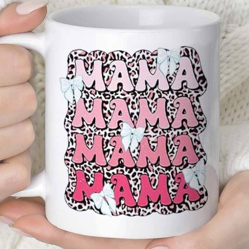 Tailorly White Ceramic 11 oz Mug - Mama Stylish Retro Pink Gradient Text Set Against Wild Leopard Print Pattern