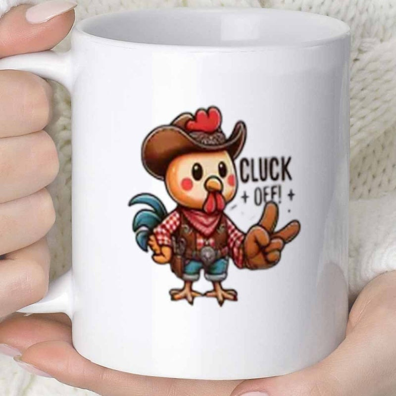 Tailorly White Ceramic 11 oz Mug - Cluck Off Adorable Cartoon Cowboy Dressed In Plaid Shirt And Brown Hat Rooster