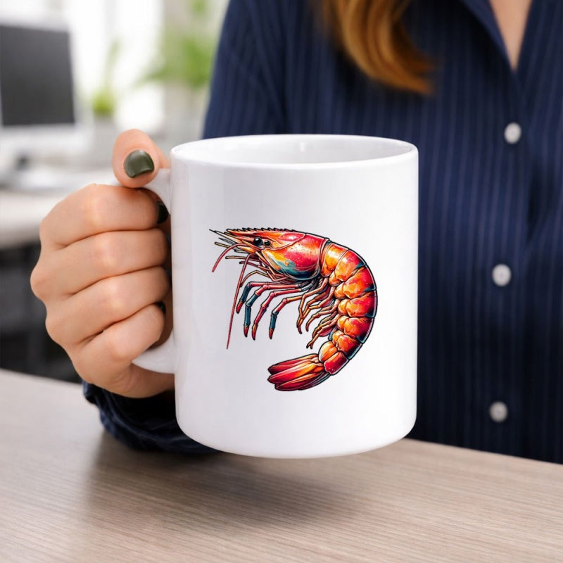 Tailorly White Ceramic 11 oz Mug - Vibrant Detailed Illustration Of A Red Prawn Resting On White Shrimp