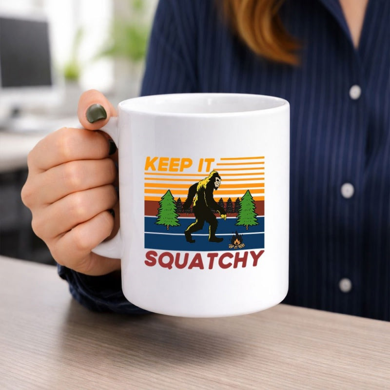 Tailorly White Ceramic 11 oz Mug - Keep It Squatchy Retro Sun With Tall Pine Trees And Campfire Featuring Mythical Sasquatch