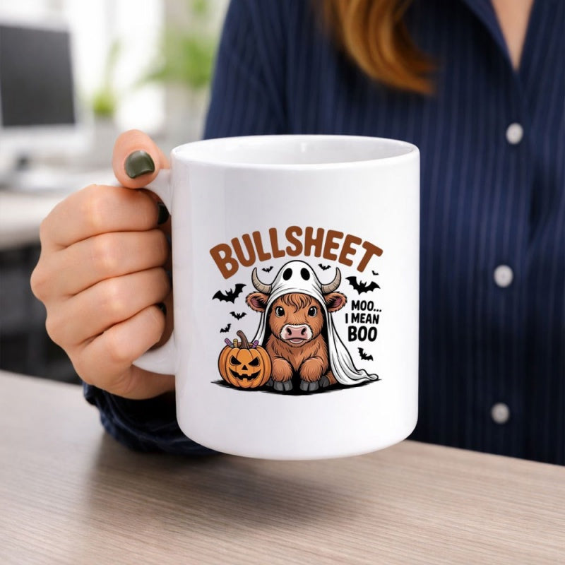 Tailorly White Ceramic 11 oz Mug - Bullsheet Moo I Mean Boo Festive Highland Cow Wearing White Ghost Costume Beside Carved Halloween Pumpkin Cow