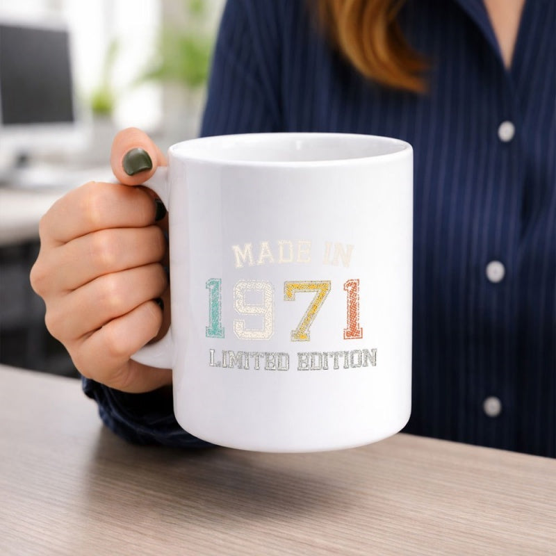 Tailorly White Ceramic 11 oz Mug - Made In 1971 Limited Edition Clean Featuring Colorful Distressed Vintage Numerals Mug