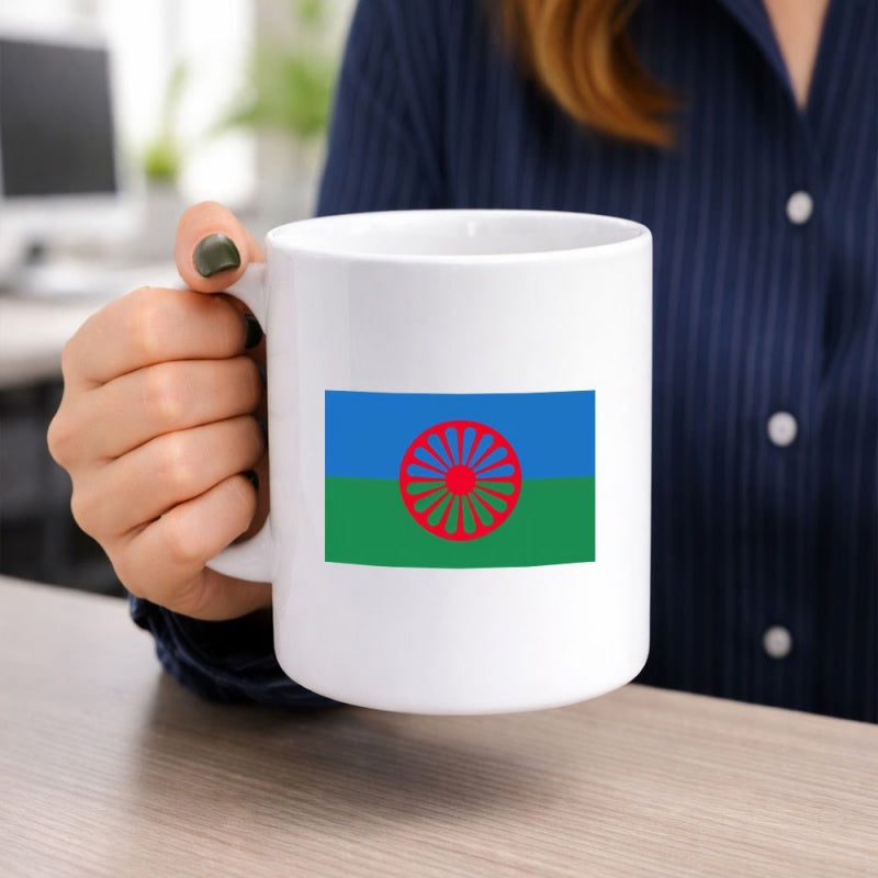 Tailorly White Ceramic 11 oz Mug - Vibrant Blue And Green Horizontal Stripes With Central Red Spoked Wheel Flag