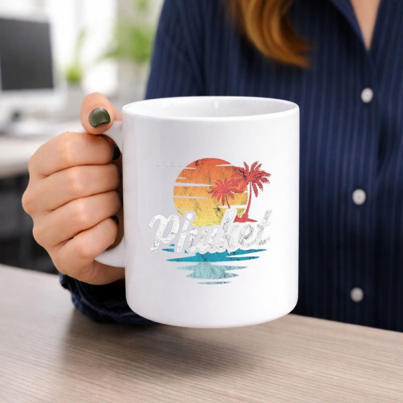 Tailorly White Ceramic 11 oz Mug - Phuket Vintage Retro Sunset With Tropical Palm Trees Reflecting On Water Mug