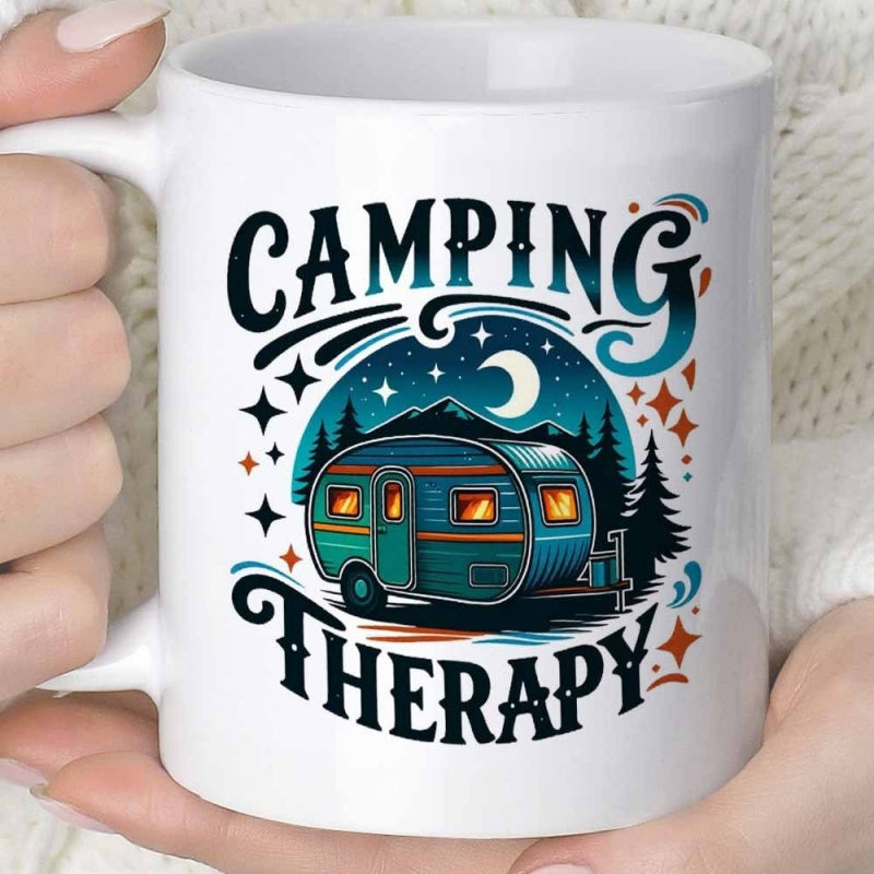 Tailorly White Ceramic 11 oz Mug - Camping Therapy Vintage Blue Trailer Under Crescent Moon In The Forest Camper