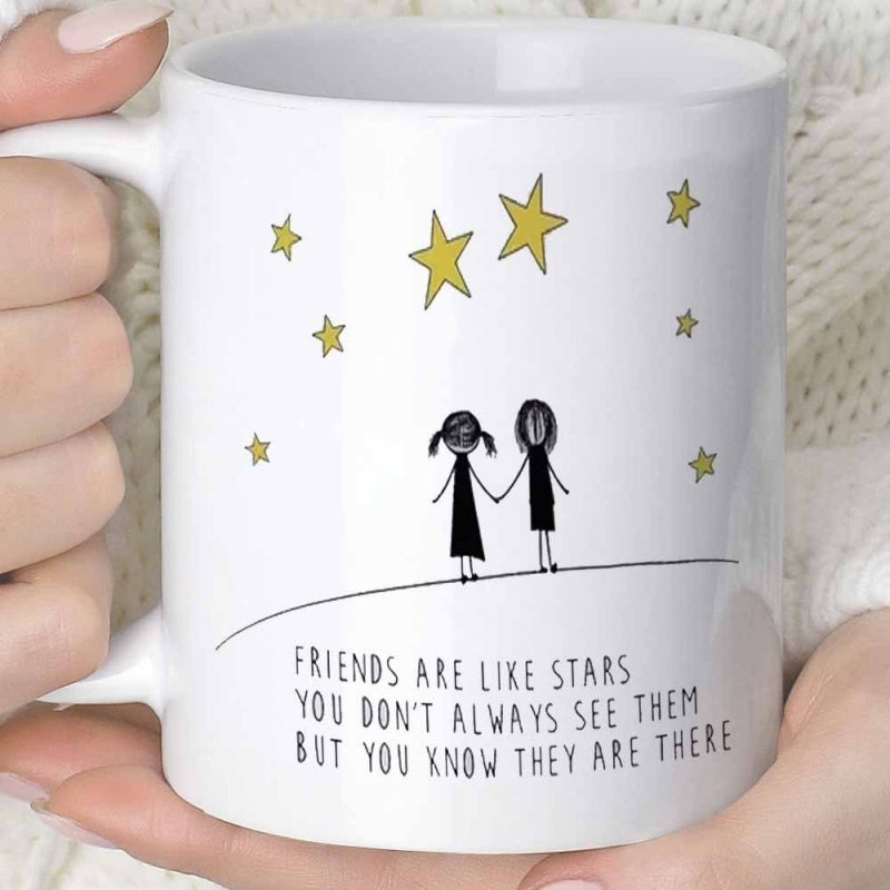 Tailorly White Ceramic 11 oz Mug - Friends Are Like Stars You Dont Always See Them But You Know They Are There Hand Drawn Minimalist Girl Figures Standing Together